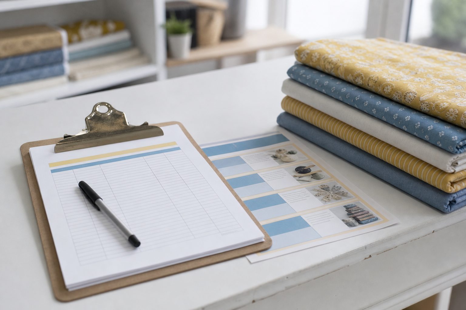 Class registration clipboard and printed schedule beside folded fabric on a bright shop counter