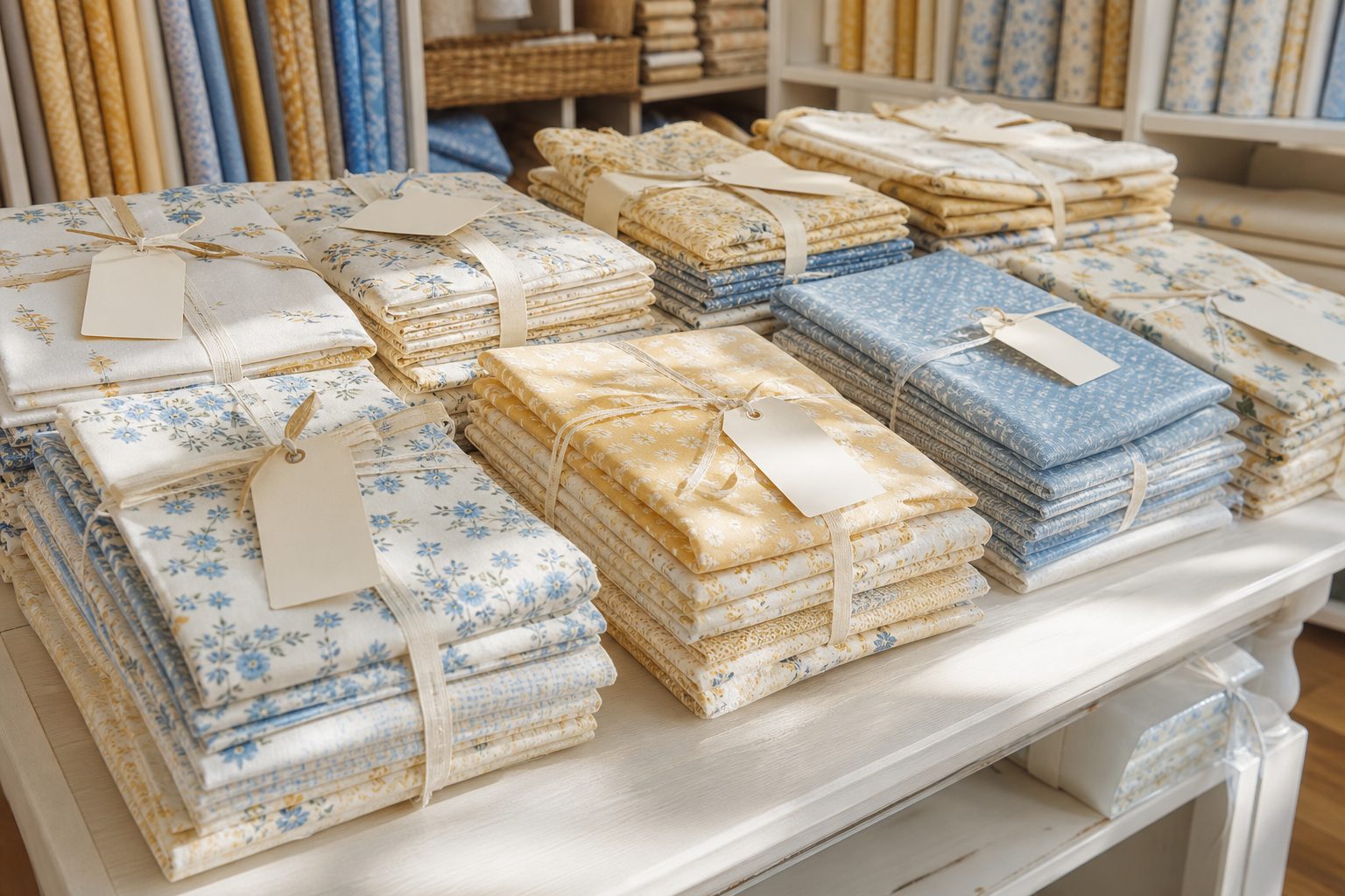 Sunlit clearance table of bundled discounted quilting fabric in a tidy shop