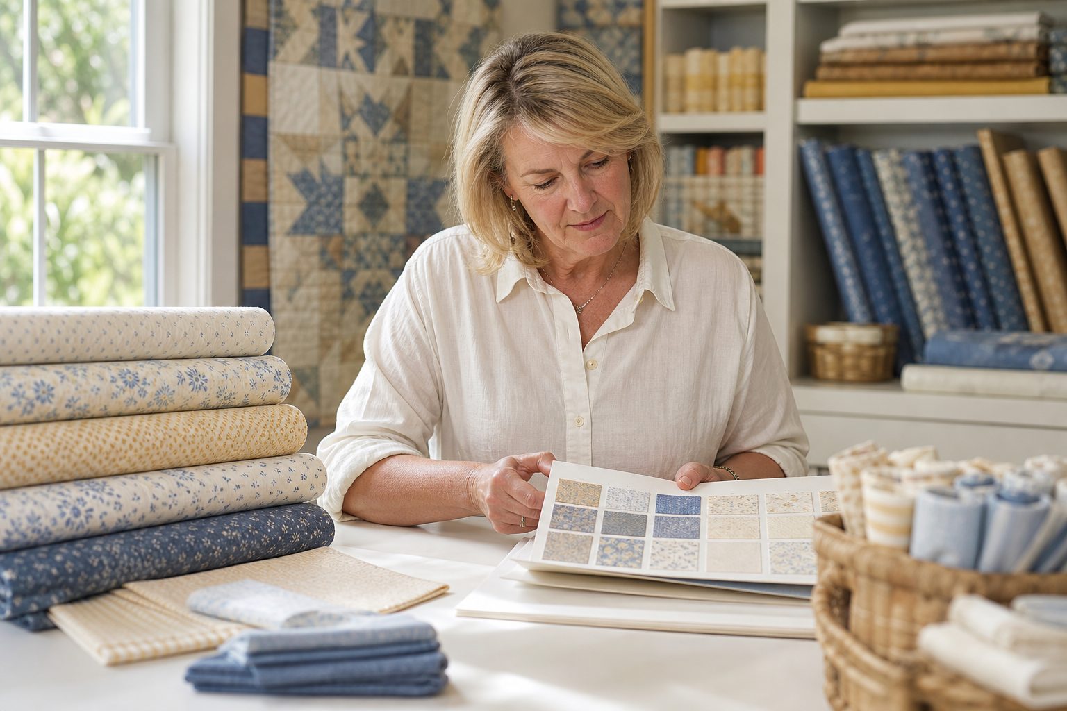Shop owner reviewing a fabric swatch catalog at a bright desk with sample bolts nearby