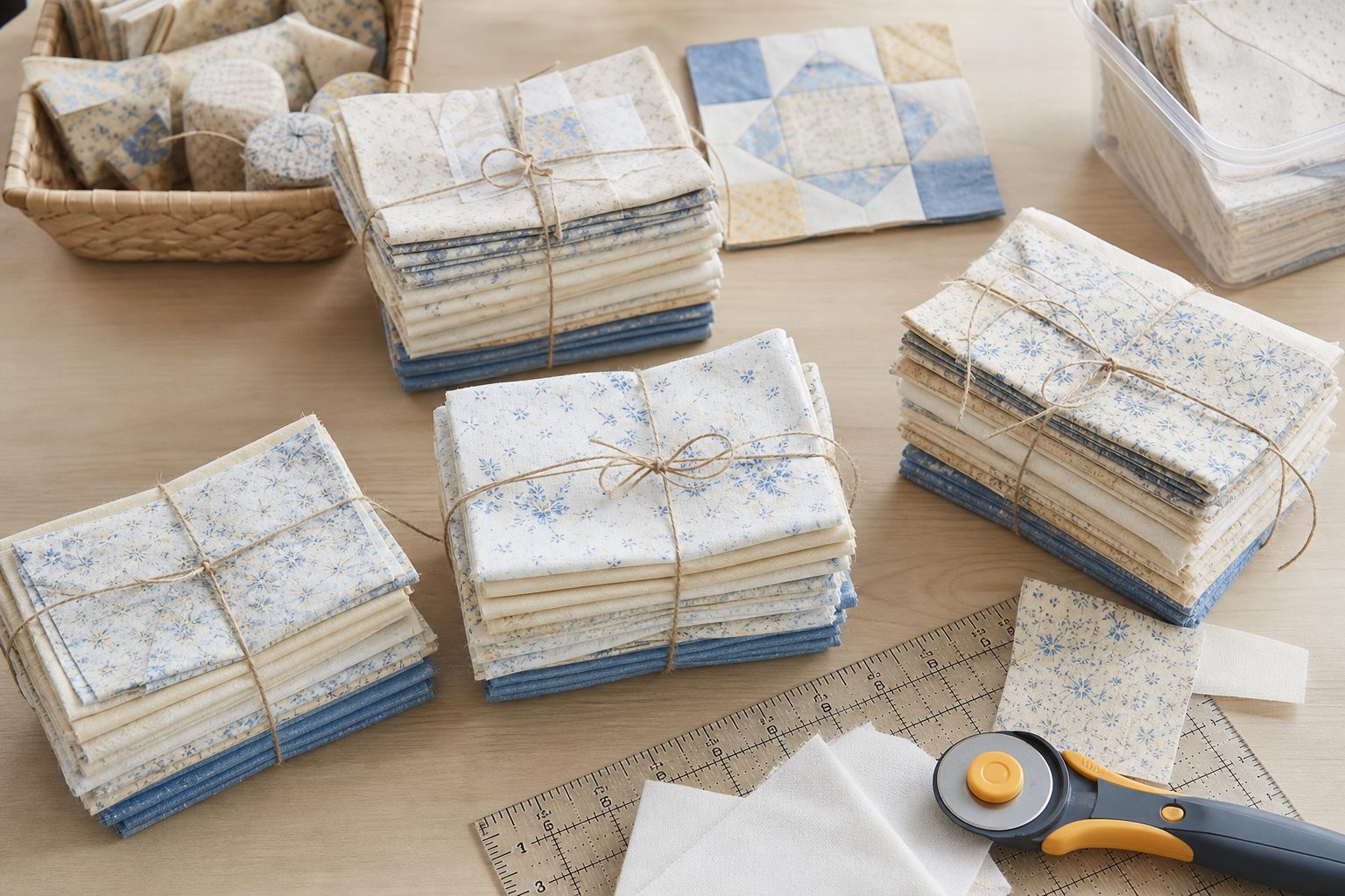 Bundled quilt class kits of folded fabric with rotary cutter and ruler on a light wood work table
