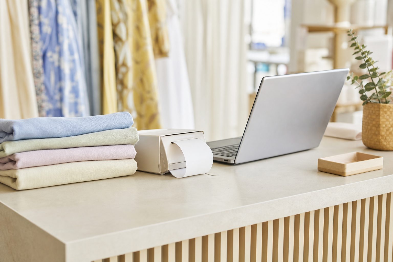 Quilt shop sales counter with a receipt, folded fabrics and a laptop in bright natural light