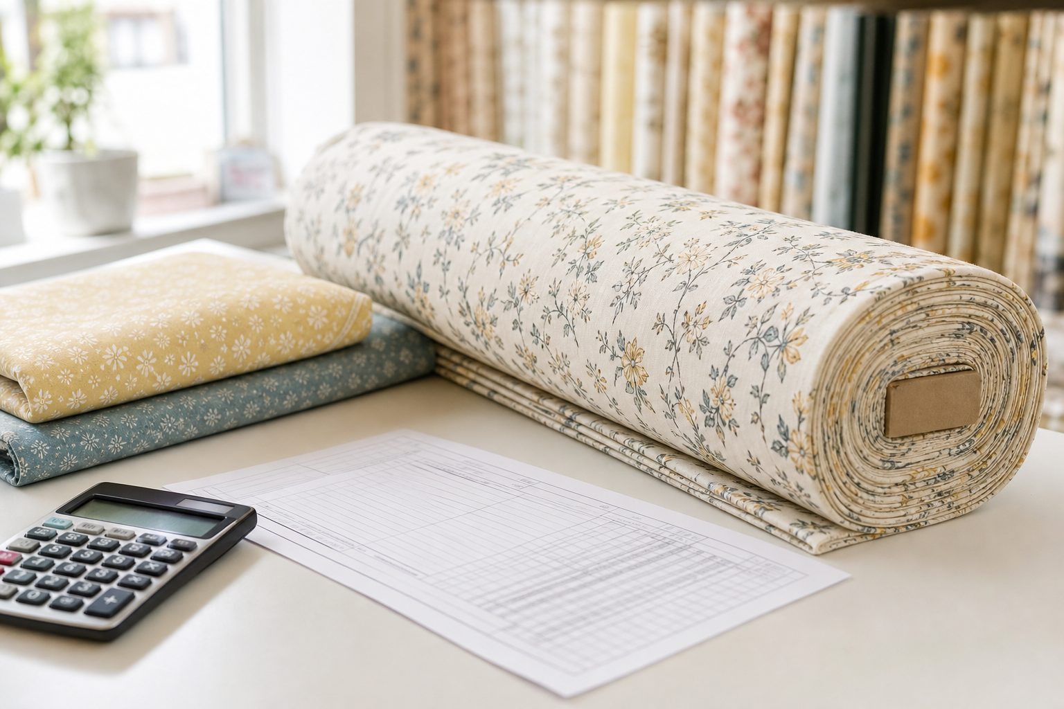 Bolt of quilting cotton on a shop cutting counter next to a calculator and paperwork in bright daylight