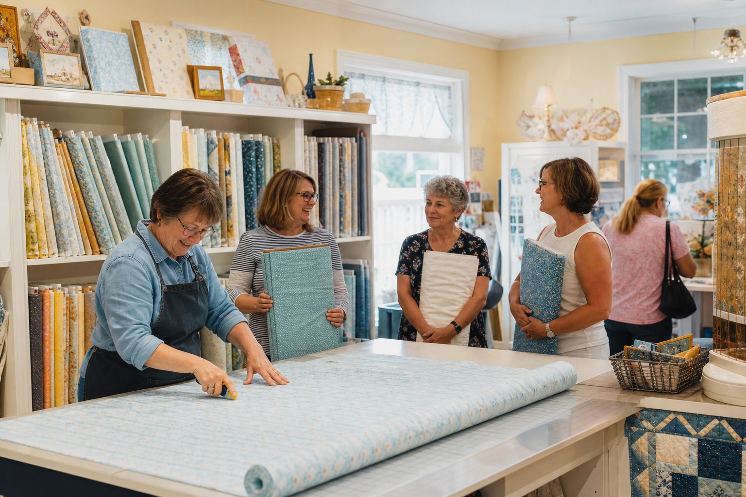 Busy quilt shop cutting counter with customers holding bolts while a staff member cuts yardage