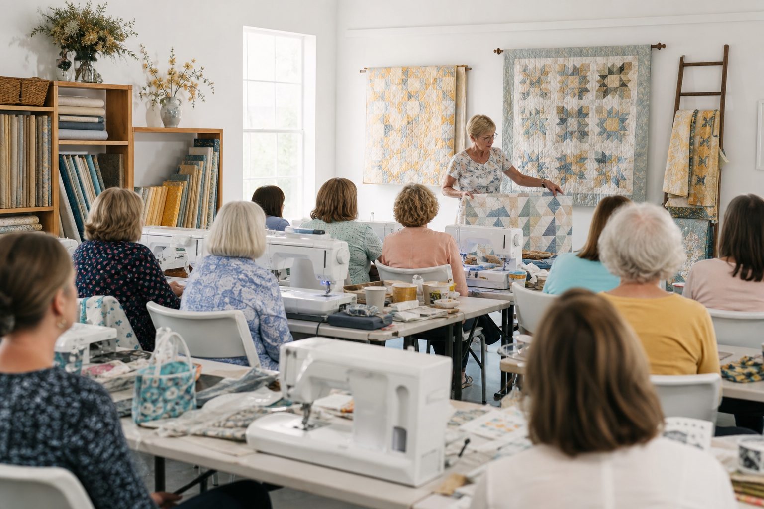 Bright quilt shop classroom with sewing machines on long tables and an instructor demonstrating
