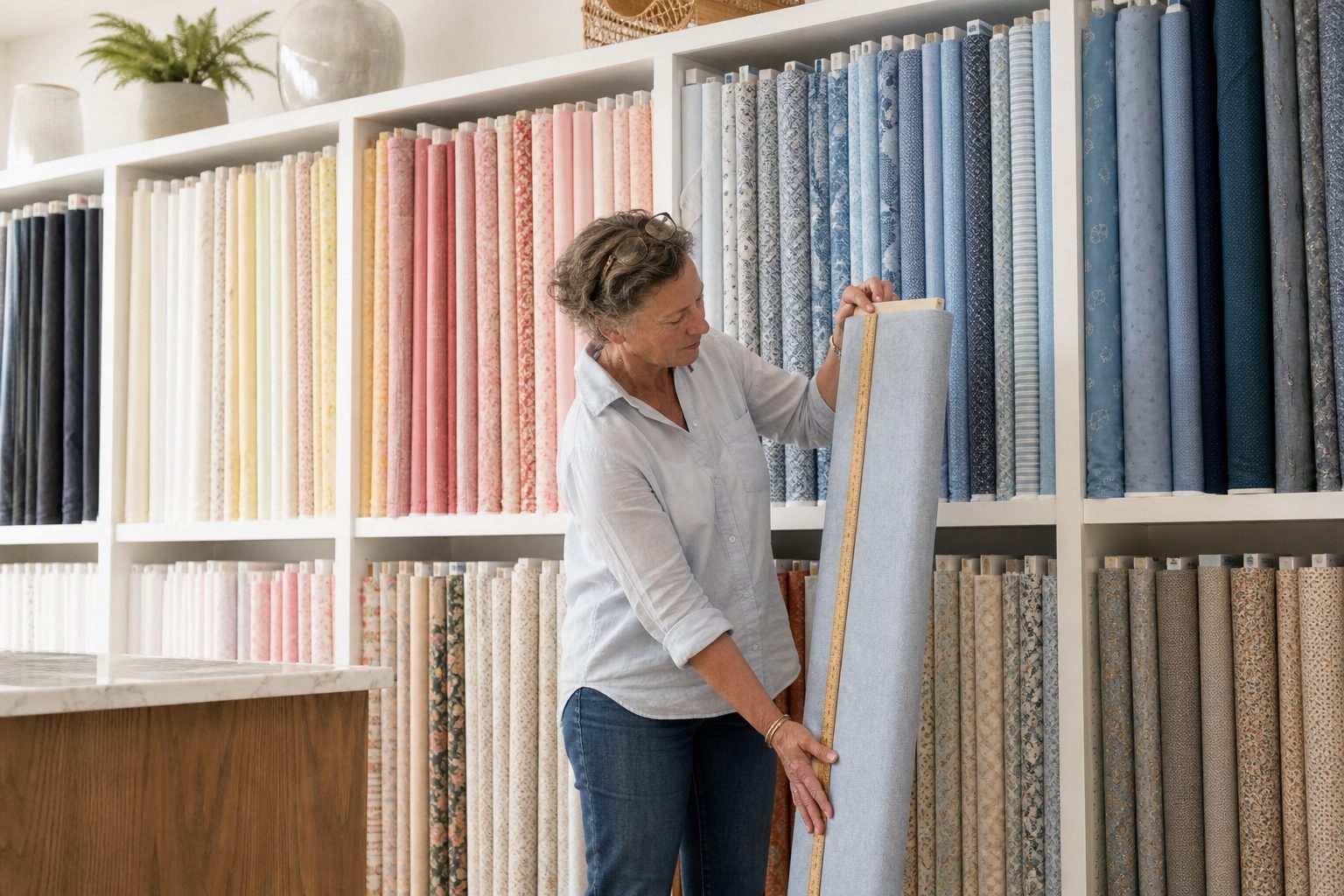 Shop owner measuring remaining yardage on a bolt in front of a wall of color sorted fabric bolts
