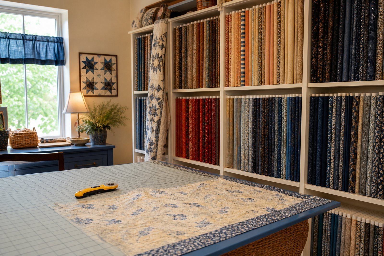 Quilt shop interior with shelves of folded fabric bolts, a wide cutting table and a rotary cutter in daylight